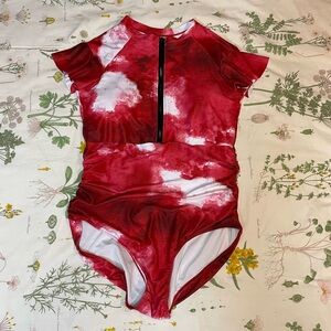 Zip high neck ruched swimsuit, sz XXL